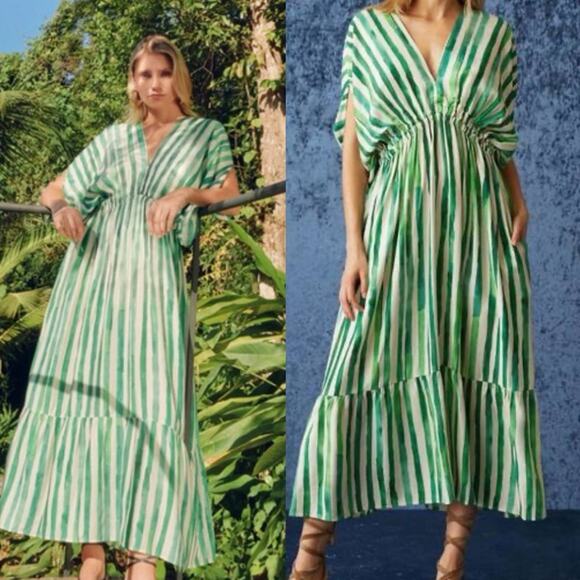 Marie Oliver Green Striped Venus Caftan Dress XS